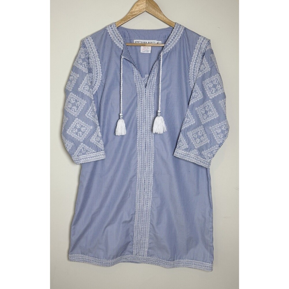 Gretchen Scott XL Blue White Stripe Embroidered Tunic Dress Tassel Resort Boho